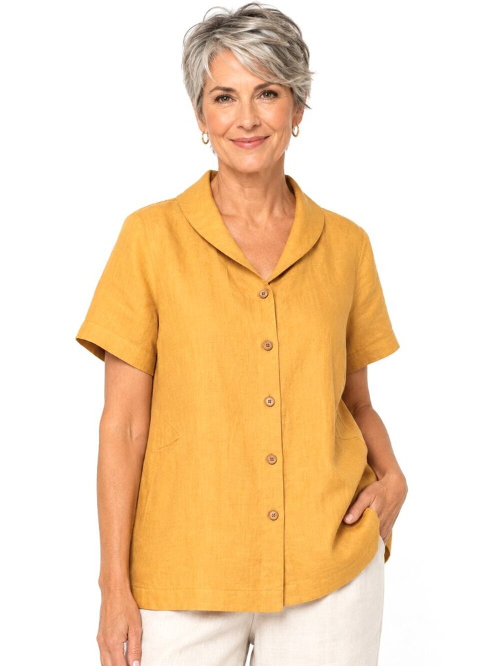 Leigh DeLeonardo Mustard Yellow Linen Short Sleeve Top